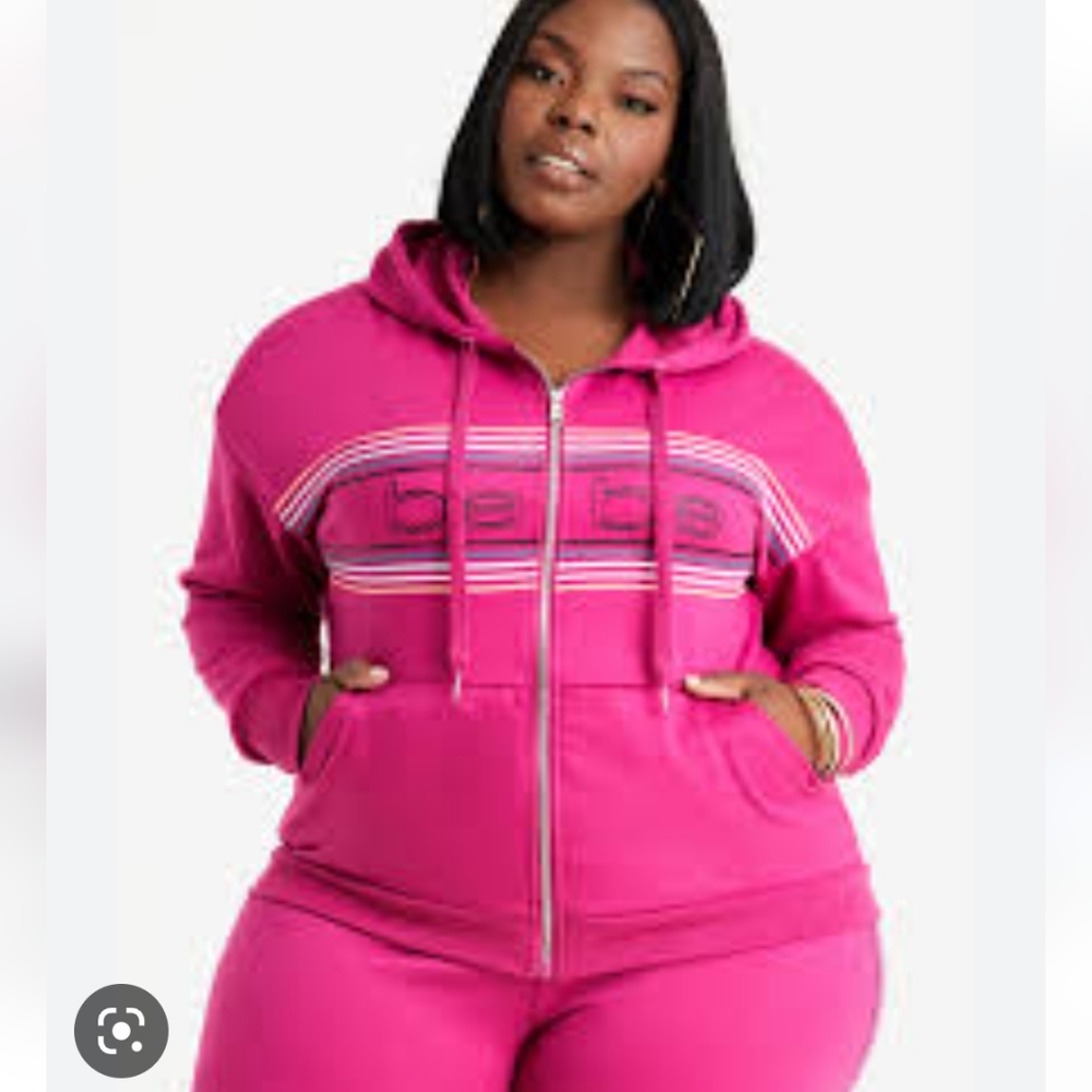 BeBe Sport Pink Striped Logo Zippered Hoodie